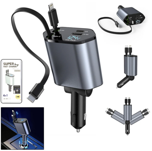 4-in-1 Super Fast Car Charger with Dual Built-In Cables, Dual USB Ports,