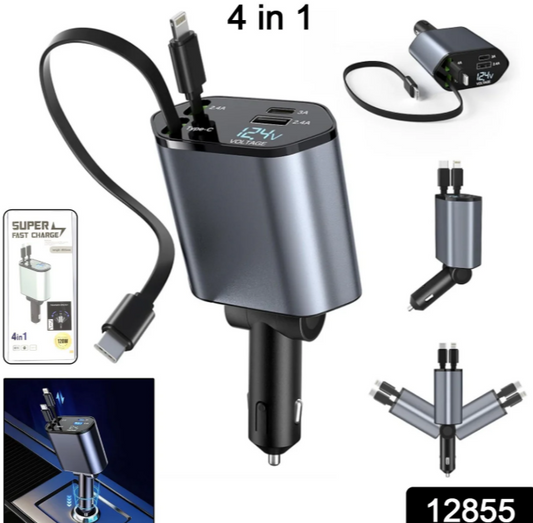 4-in-1 Super Fast Car Charger with Dual Built-In Cables, Dual USB Ports,